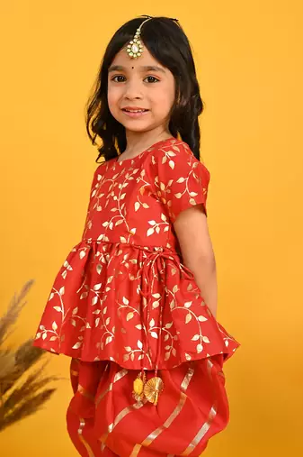 Saka Designs Girls Red & Gold Jhabla & Dhoti