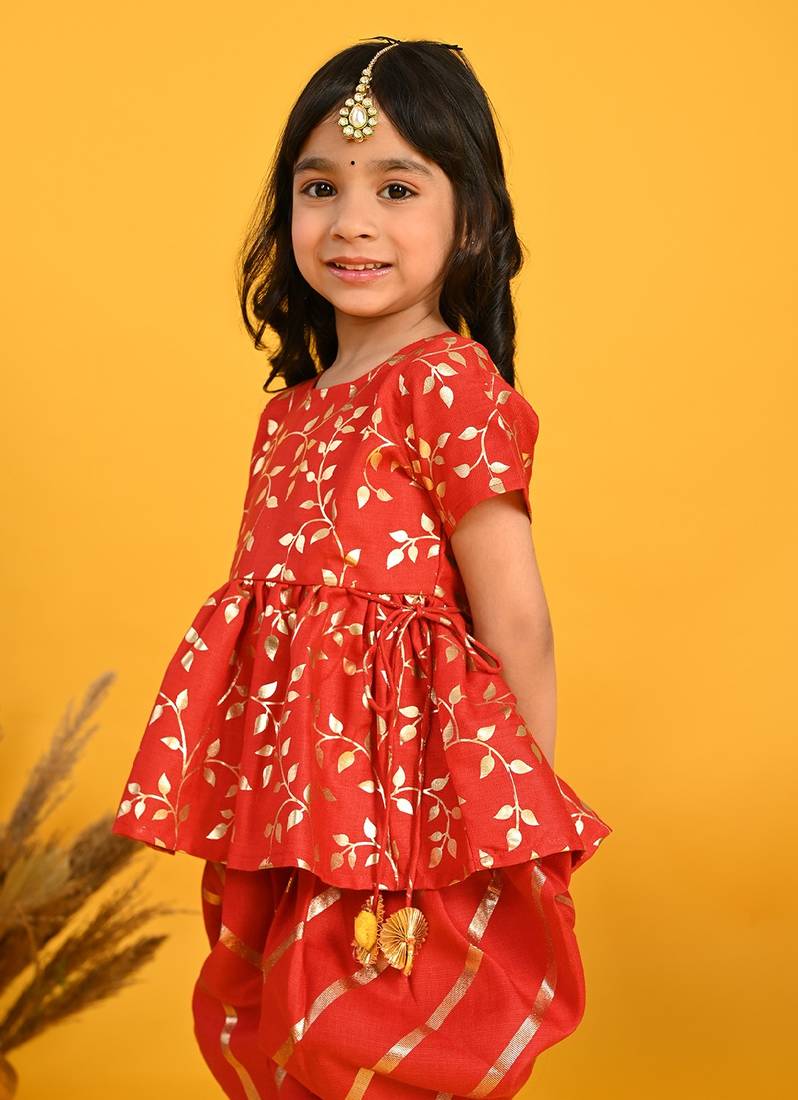Saka Designs Girls Red & Gold Jhabla & Dhoti