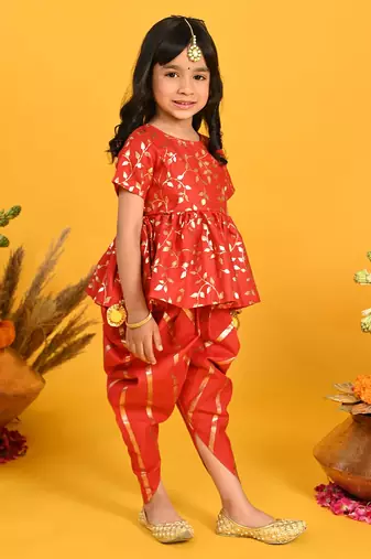 Saka Designs Girls Red & Gold Jhabla & Dhoti