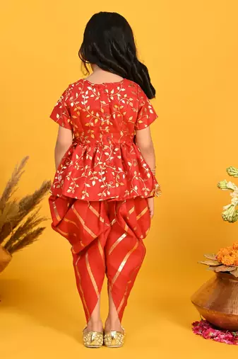 Saka Designs Girls Red & Gold Jhabla & Dhoti