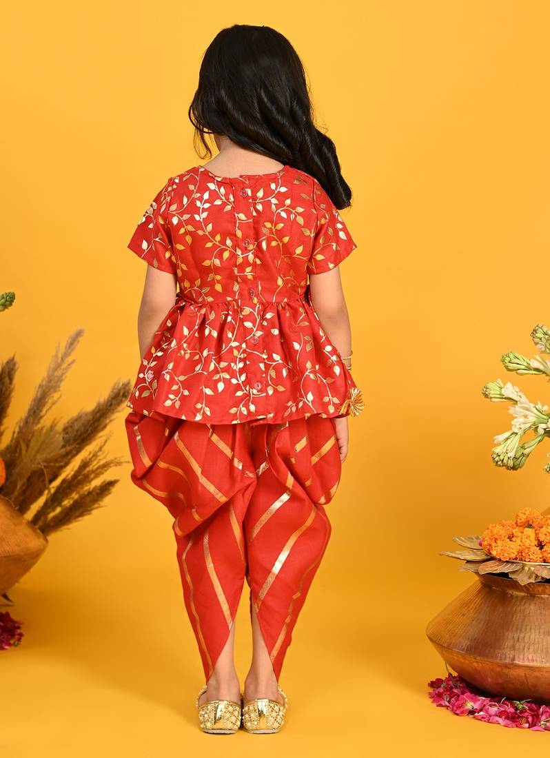 Saka Designs Girls Red & Gold Jhabla & Dhoti