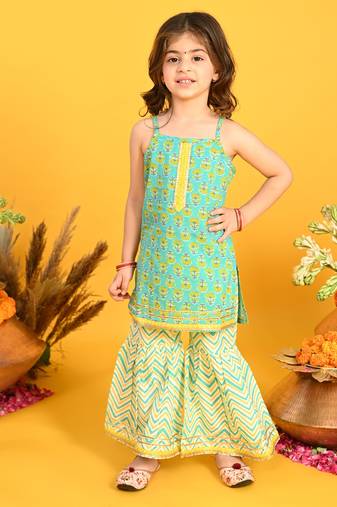 Saka Designs Girls Green Printed Kurta with Sharara