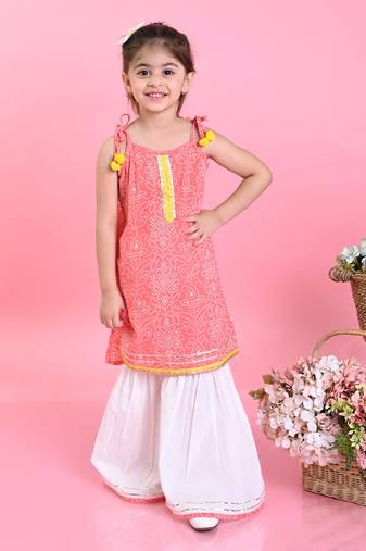 Saka Designs Girls Orange Bandhani With White Sharara