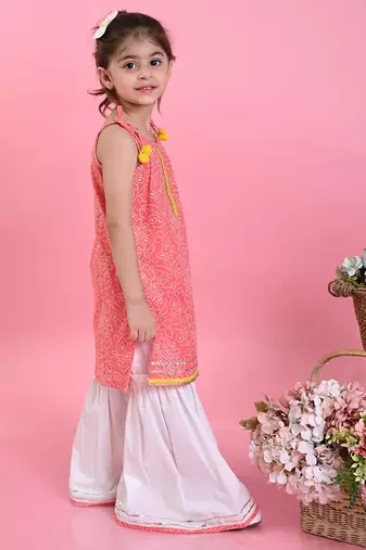 Saka Designs Girls Orange Bandhani With White Sharara