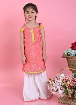 Saka Designs Girls Orange Bandhani With White Sharara 3
