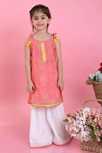 Saka Designs Girls Orange Bandhani With White Sharara