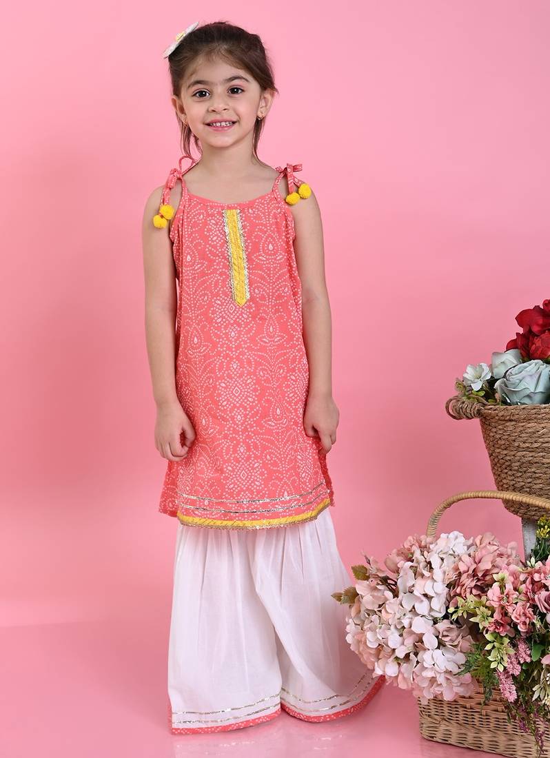 Saka Designs Girls Orange Bandhani With White Sharara