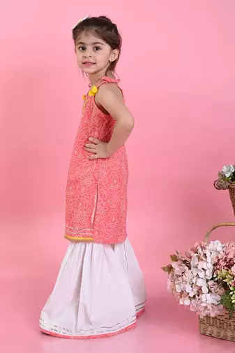 Saka Designs Girls Orange Bandhani With White Sharara