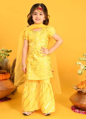 Saka Designs Girls Yellow Printed Kurta Sharara With Dupatta 1