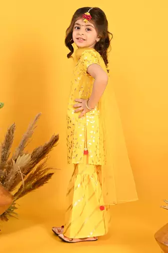 Saka Designs Girls Yellow Printed Kurta Sharara With Dupatta