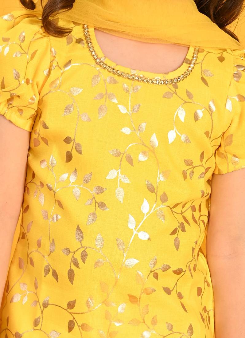 Saka Designs Girls Yellow Printed Kurta Sharara With Dupatta