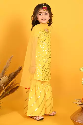 Saka Designs Girls Yellow Printed Kurta Sharara With Dupatta