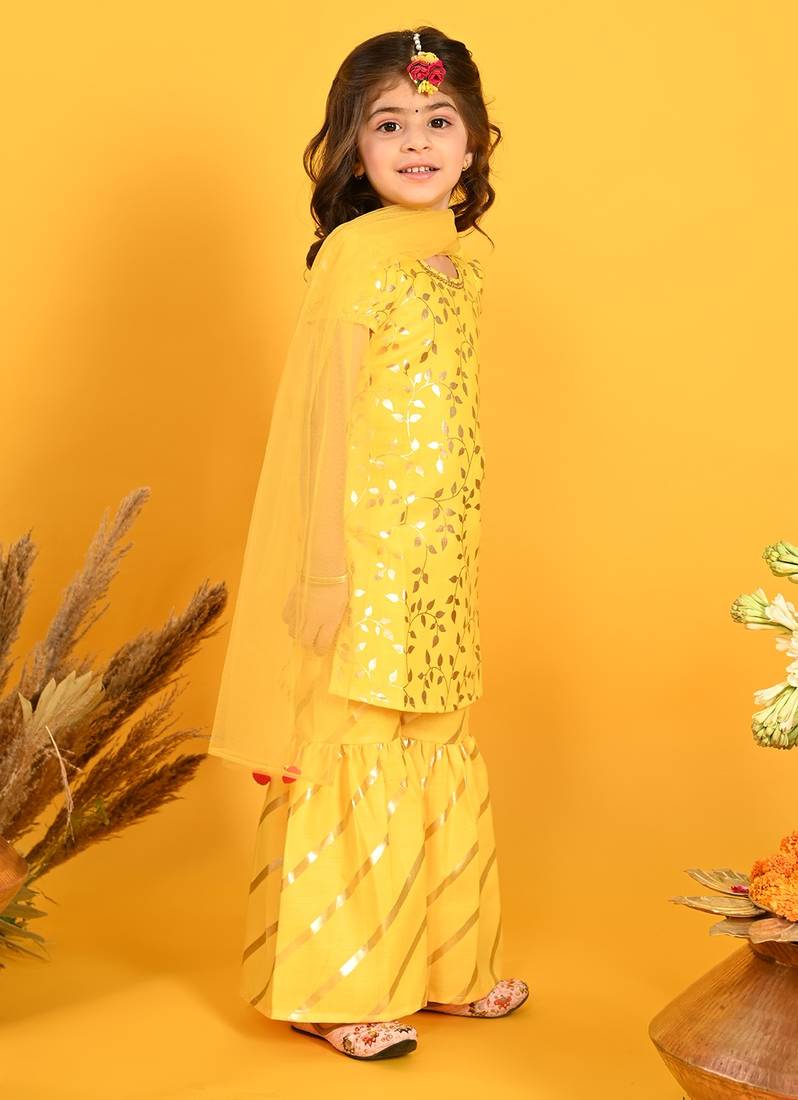 Saka Designs Girls Yellow Printed Kurta Sharara With Dupatta
