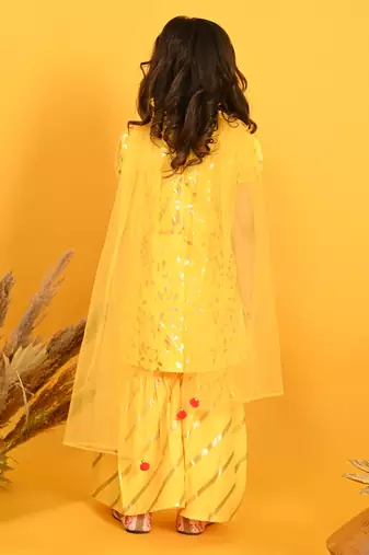 Saka Designs Girls Yellow Printed Kurta Sharara With Dupatta