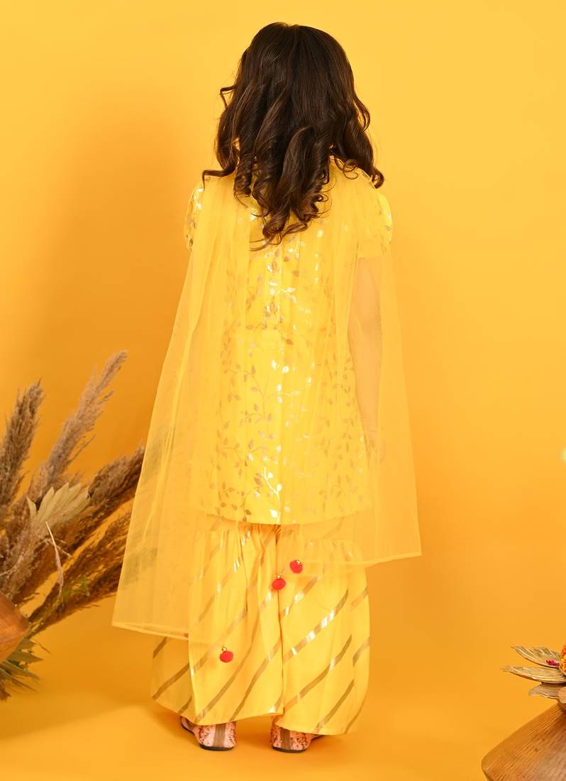 Saka Designs Girls Yellow Printed Kurta Sharara With Dupatta