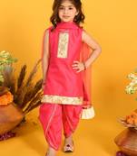 Saka Designs Girls Pink Kurta With Emberoidery on Yoke With Dhoti & Dupatta