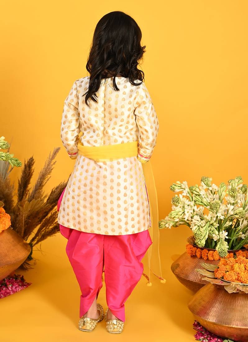 Saka Designs Girls Off-WHite & Magenta Kurta Dhoti with Dupatta