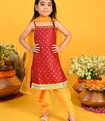 Saka Designs Girls Maroon & Mustard Printed Kurta with Dhoti & Dupatta