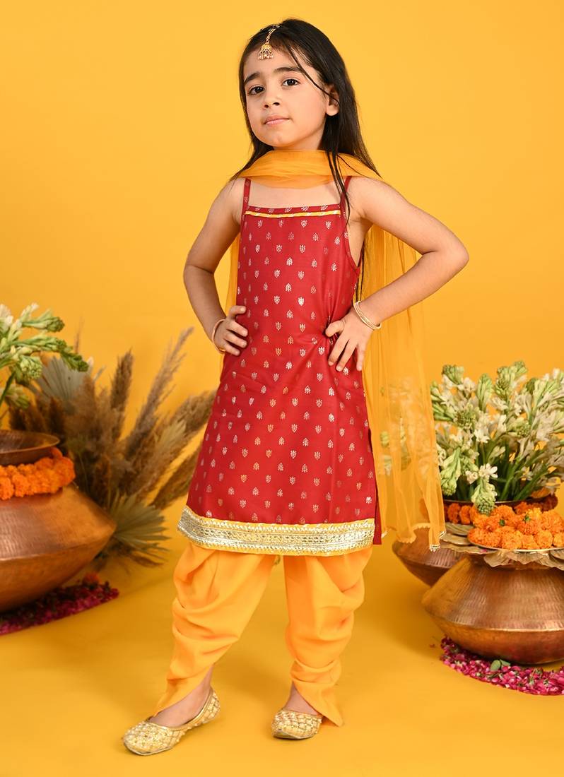 Saka Designs Girls Maroon & Mustard Printed Kurta with Dhoti & Dupatta