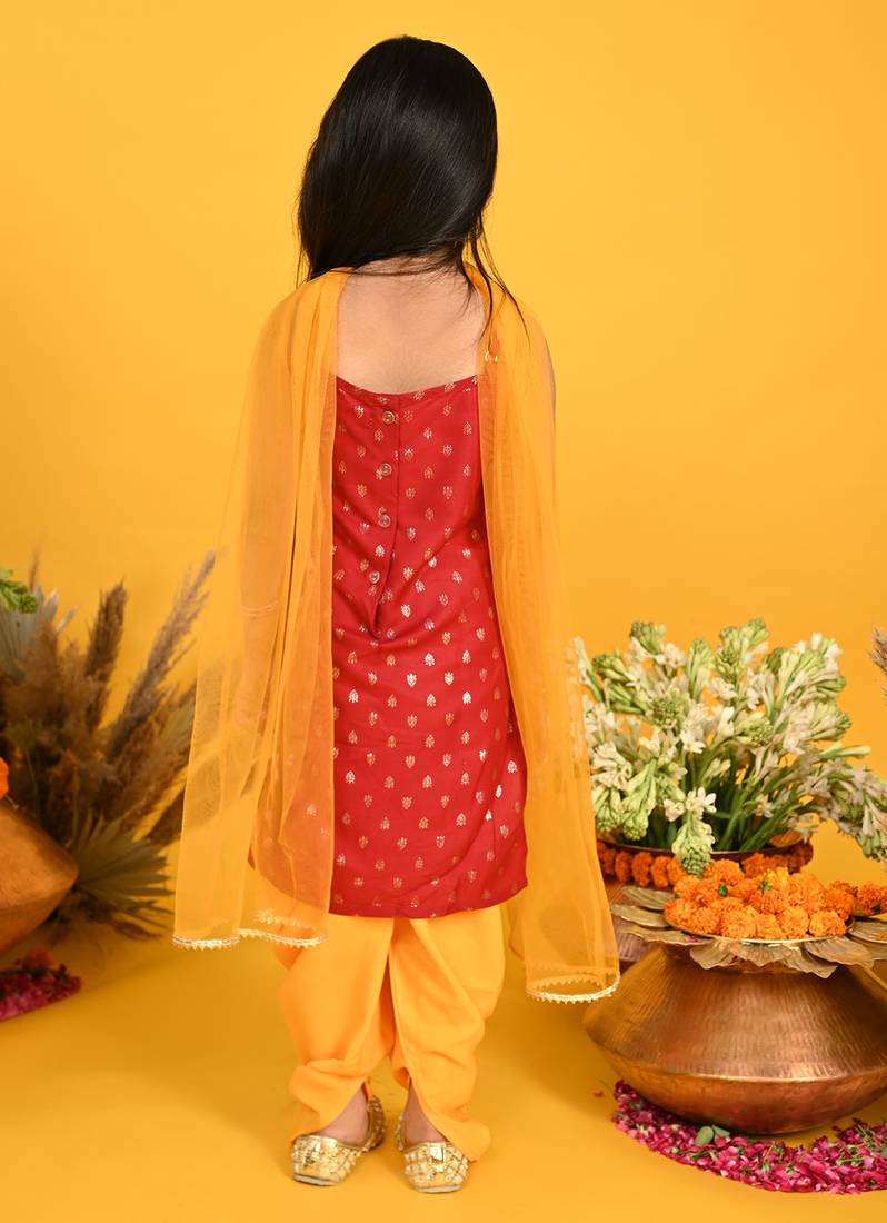 Saka Designs Girls Maroon & Mustard Printed Kurta with Dhoti & Dupatta