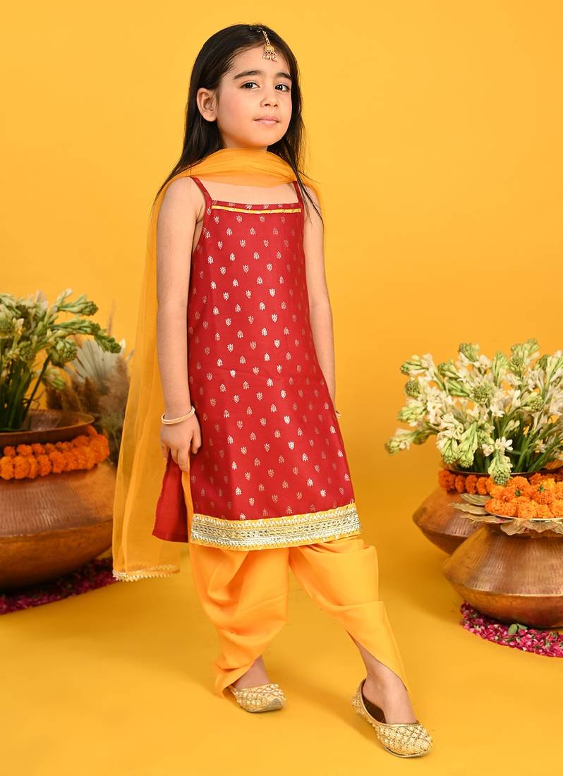 Saka Designs Girls Maroon & Mustard Printed Kurta with Dhoti & Dupatta