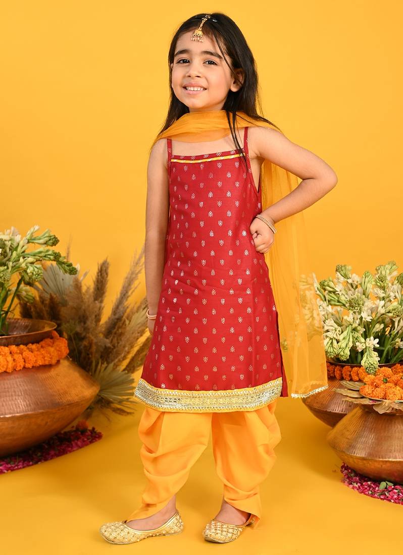 Saka Designs Girls Maroon & Mustard Printed Kurta with Dhoti & Dupatta