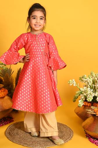Saka Designs Girls Fuschia & Gold Printed Kurta with Palazzo