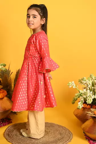 Saka Designs Girls Fuschia & Gold Printed Kurta with Palazzo