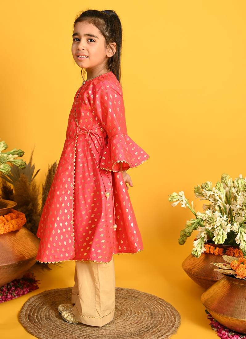 Saka Designs Girls Fuschia & Gold Printed Kurta with Palazzo