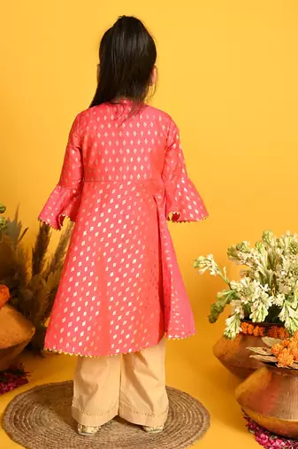 Saka Designs Girls Fuschia & Gold Printed Kurta with Palazzo