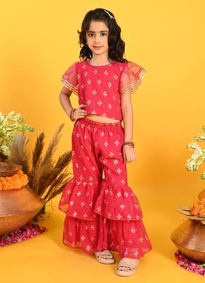 Saka Designs Girls Maroon Printed Top with Sharara 1