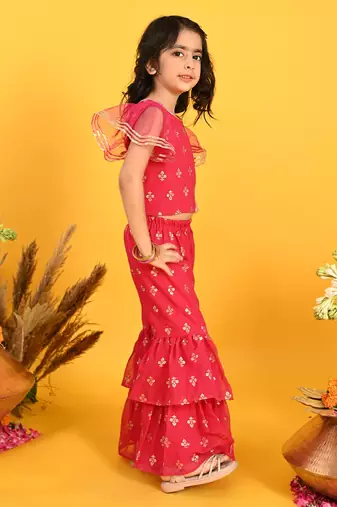 Saka Designs Girls Maroon Printed Top with Sharara