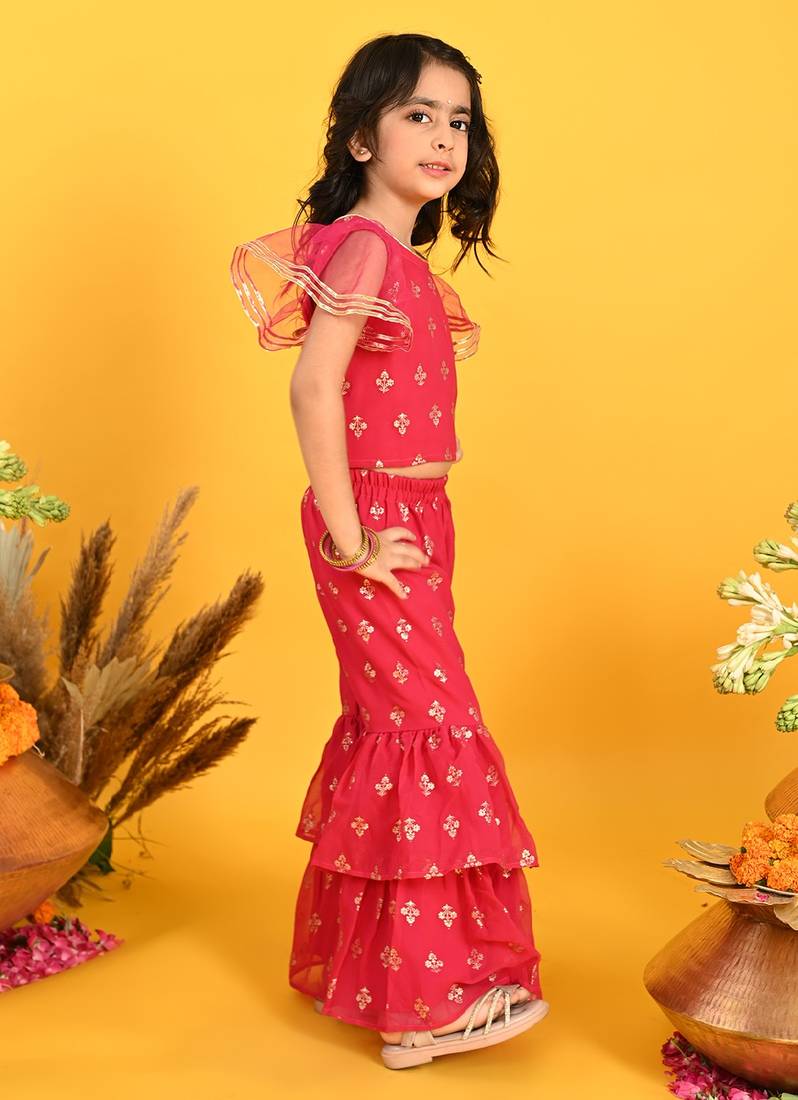 Saka Designs Girls Maroon Printed Top with Sharara