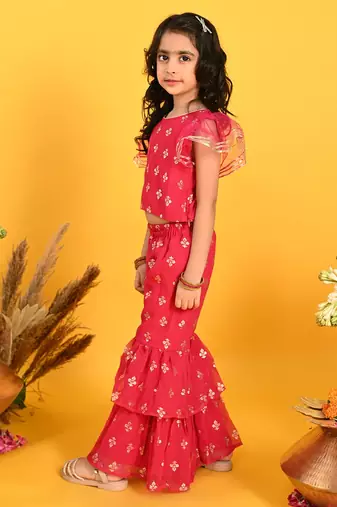 Saka Designs Girls Maroon Printed Top with Sharara