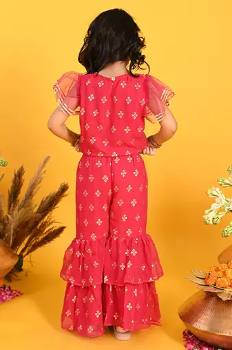 Saka Designs Girls Maroon Printed Top with Sharara