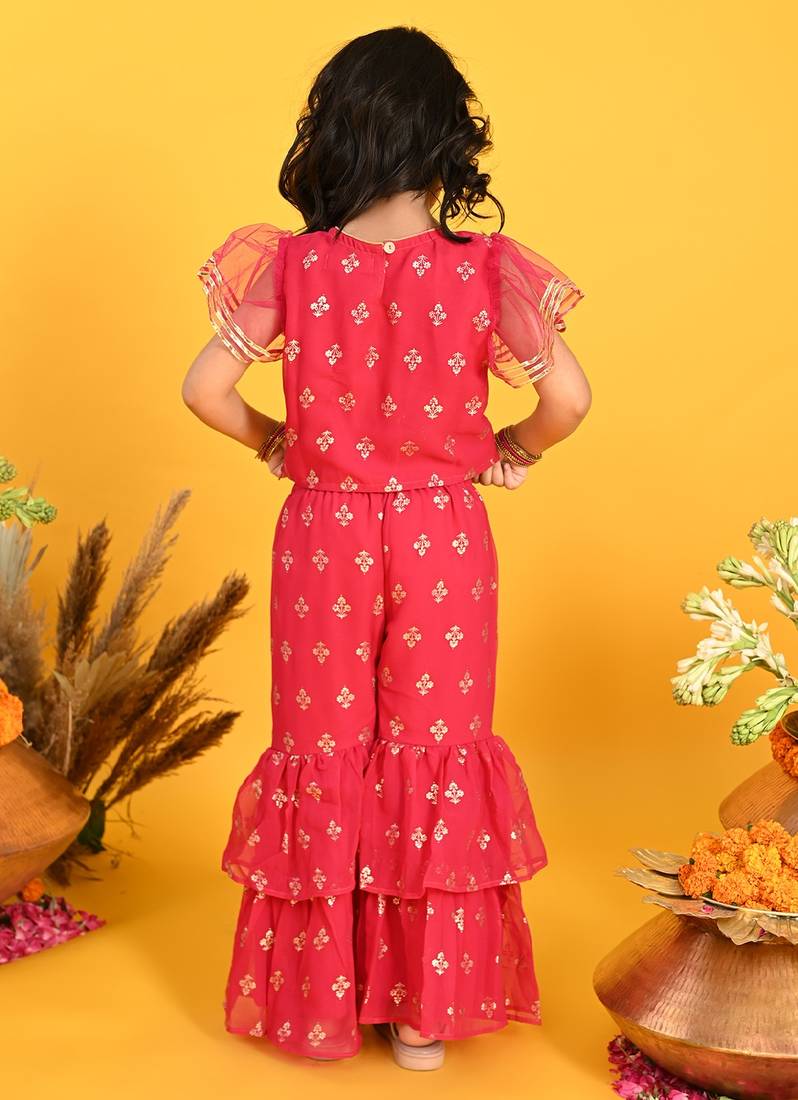 Saka Designs Girls Maroon Printed Top with Sharara