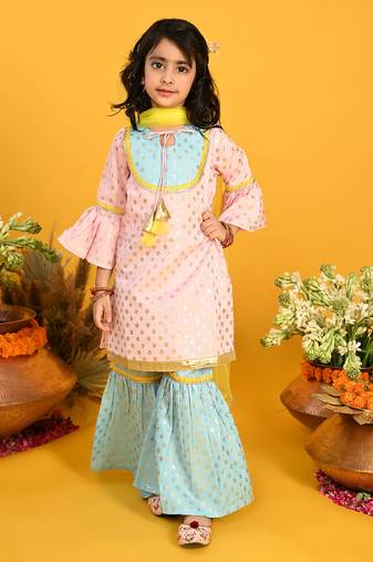 Saka Designs Girls Pink & Blue Printed Kurta Sharara With Dupatta