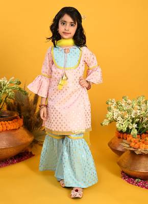 Saka Designs Girls Pink & Blue Printed Kurta Sharara With Dupatta 1
