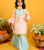 Saka Designs Girls Pink & Blue Printed Kurta Sharara With Dupatta
