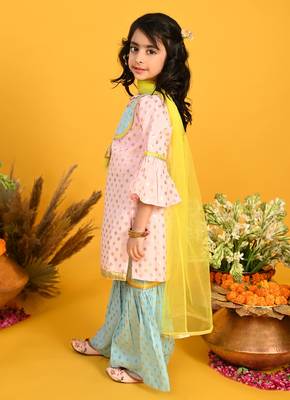 Saka Designs Girls Pink & Blue Printed Kurta Sharara With Dupatta 2