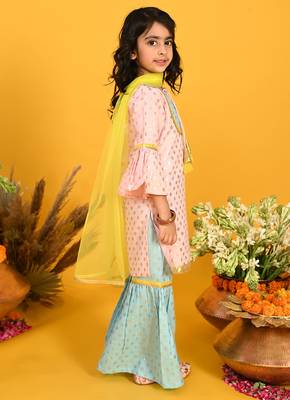 Saka Designs Girls Pink & Blue Printed Kurta Sharara With Dupatta 4