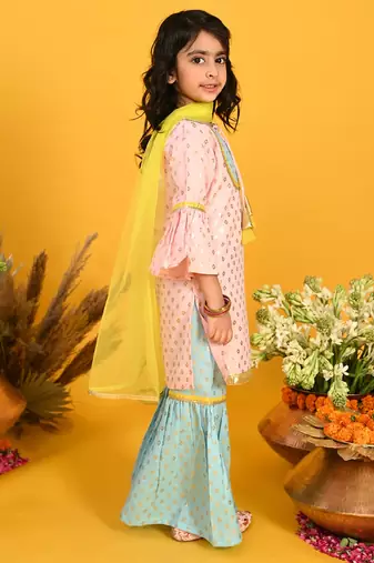 Saka Designs Girls Pink & Blue Printed Kurta Sharara With Dupatta