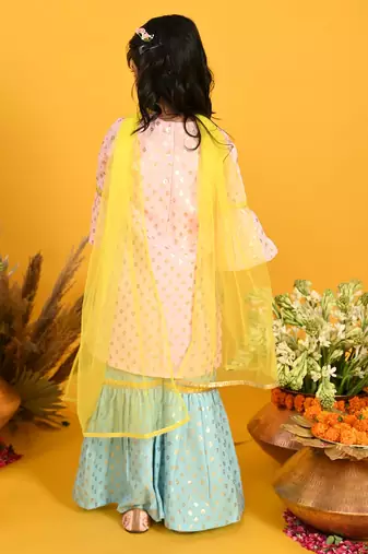 Saka Designs Girls Pink & Blue Printed Kurta Sharara With Dupatta