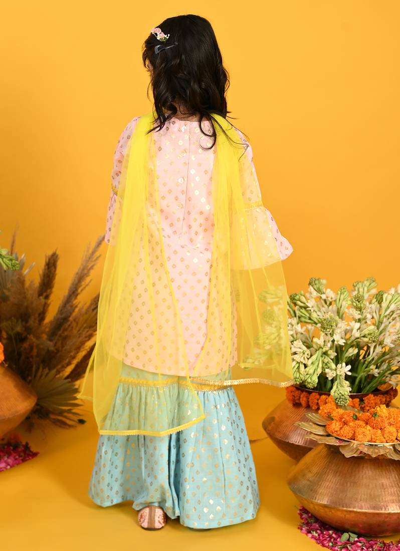 Saka Designs Girls Pink & Blue Printed Kurta Sharara With Dupatta