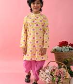 Saka Designs Boys Lotus Prinetd Yellow Kurta with Pink Dhoti