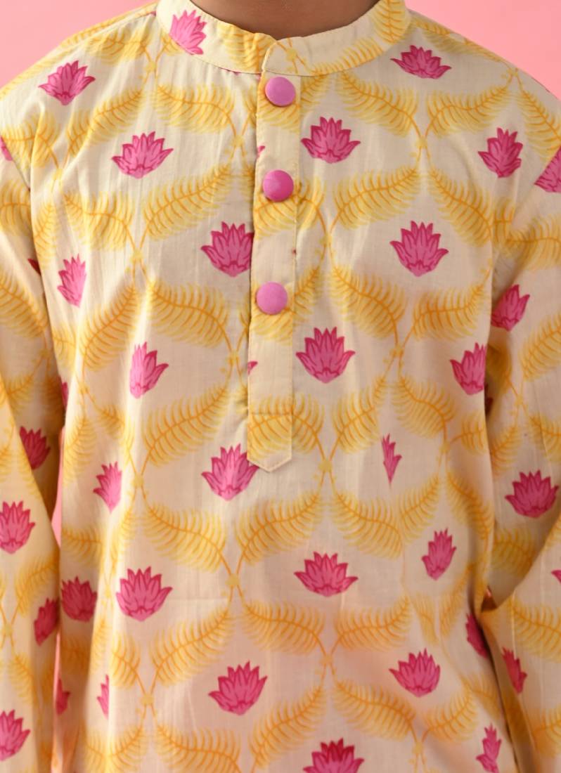 Saka Designs Boys Lotus Prinetd Yellow Kurta with Pink Dhoti