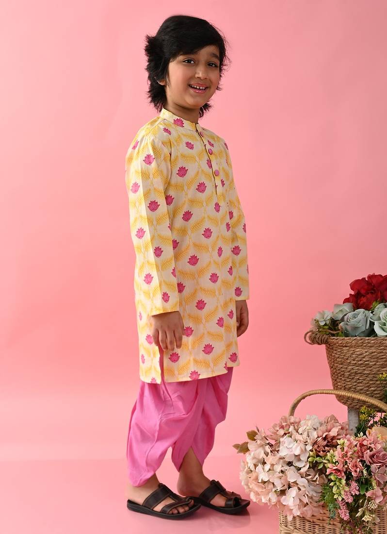 Saka Designs Boys Lotus Prinetd Yellow Kurta with Pink Dhoti