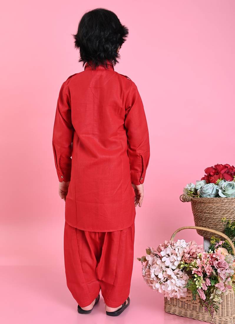 Saka Designs Boys Red Cotton Pathani Kurta