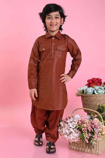 Saka Designs Boys Brown Cotton Pathani Kurta