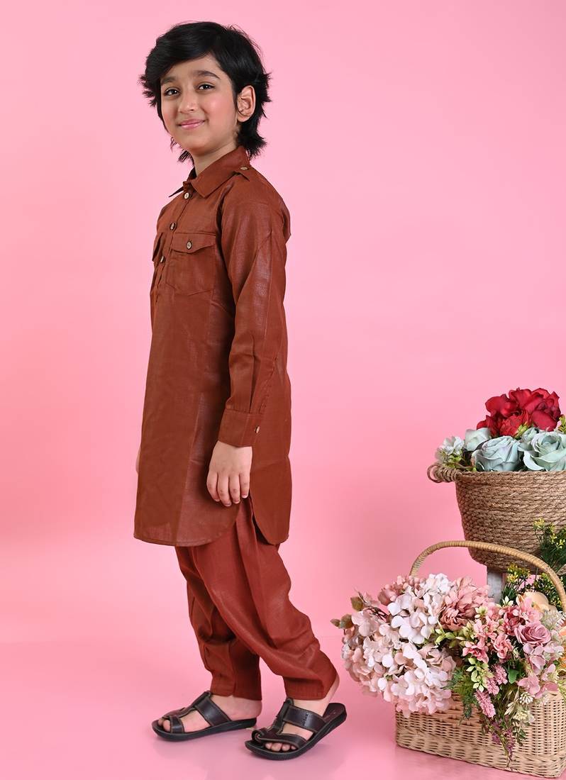Saka Designs Boys Brown Cotton Pathani Kurta